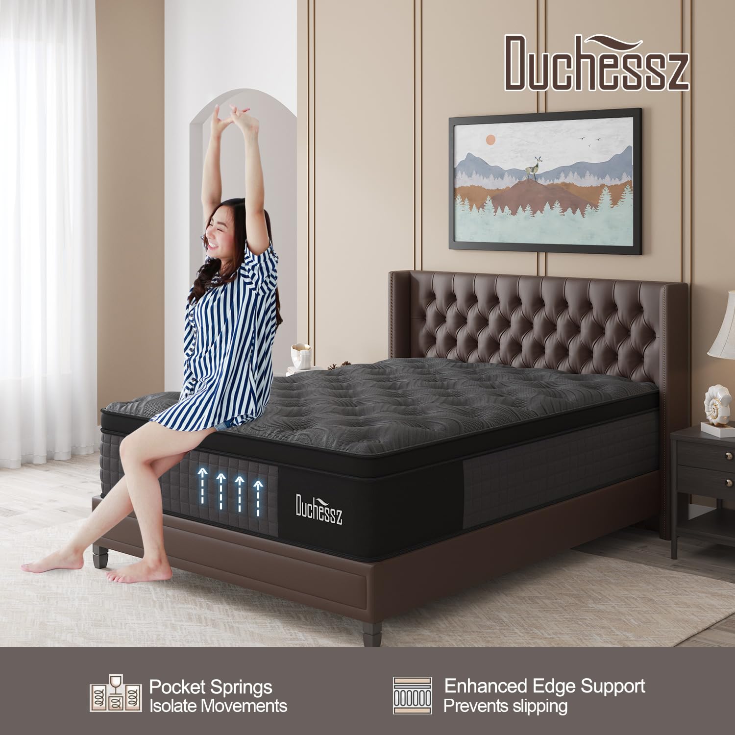 Duchessz Queen Mattress, 14 Inch Hybrid Mattress Black With Gel Memory Foam And Individually Pocket Innerspring Euro Top Mattres
